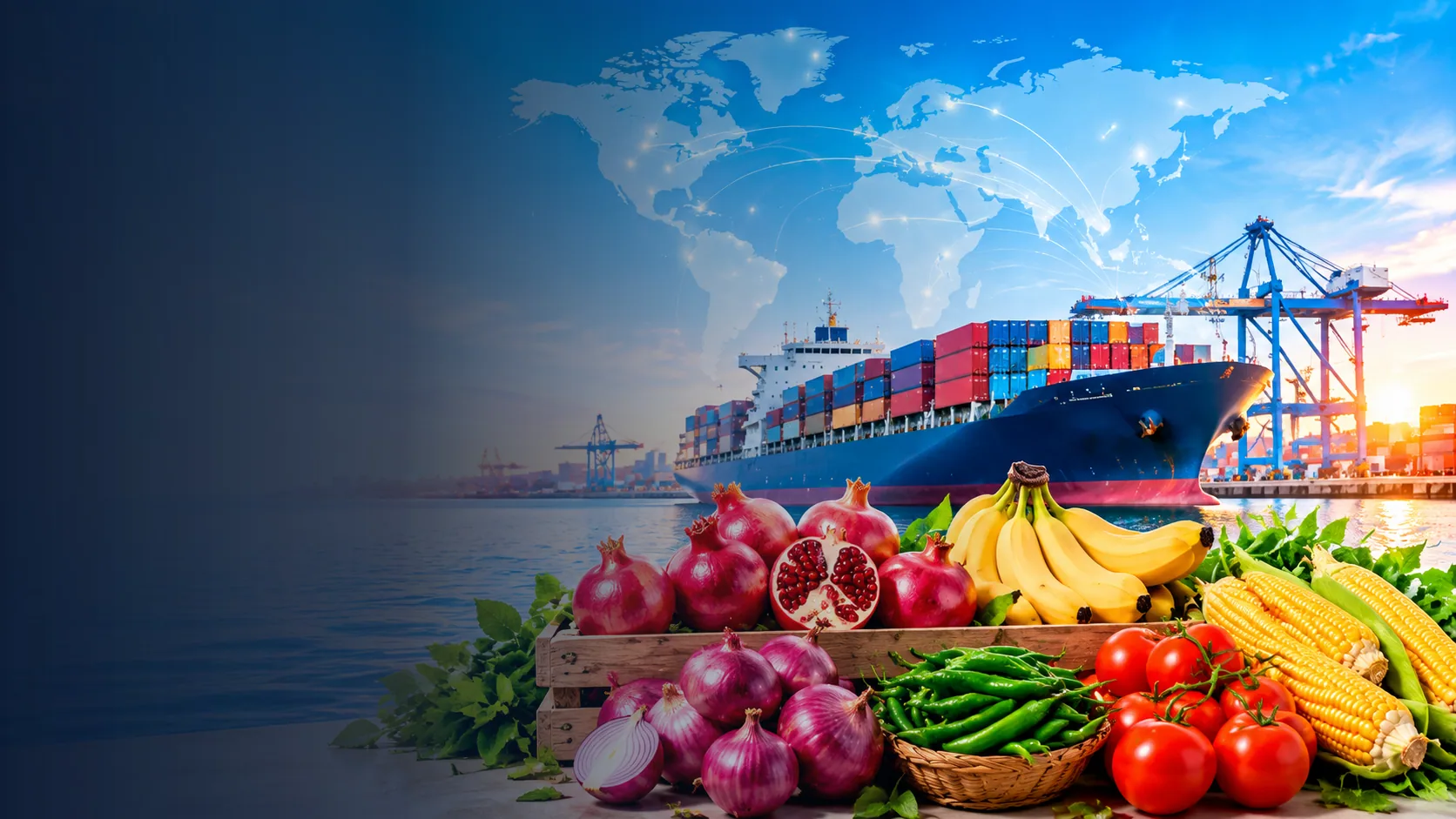 Fresh Indian fruits and vegetables arranged in front of a cargo ship and global trade routes