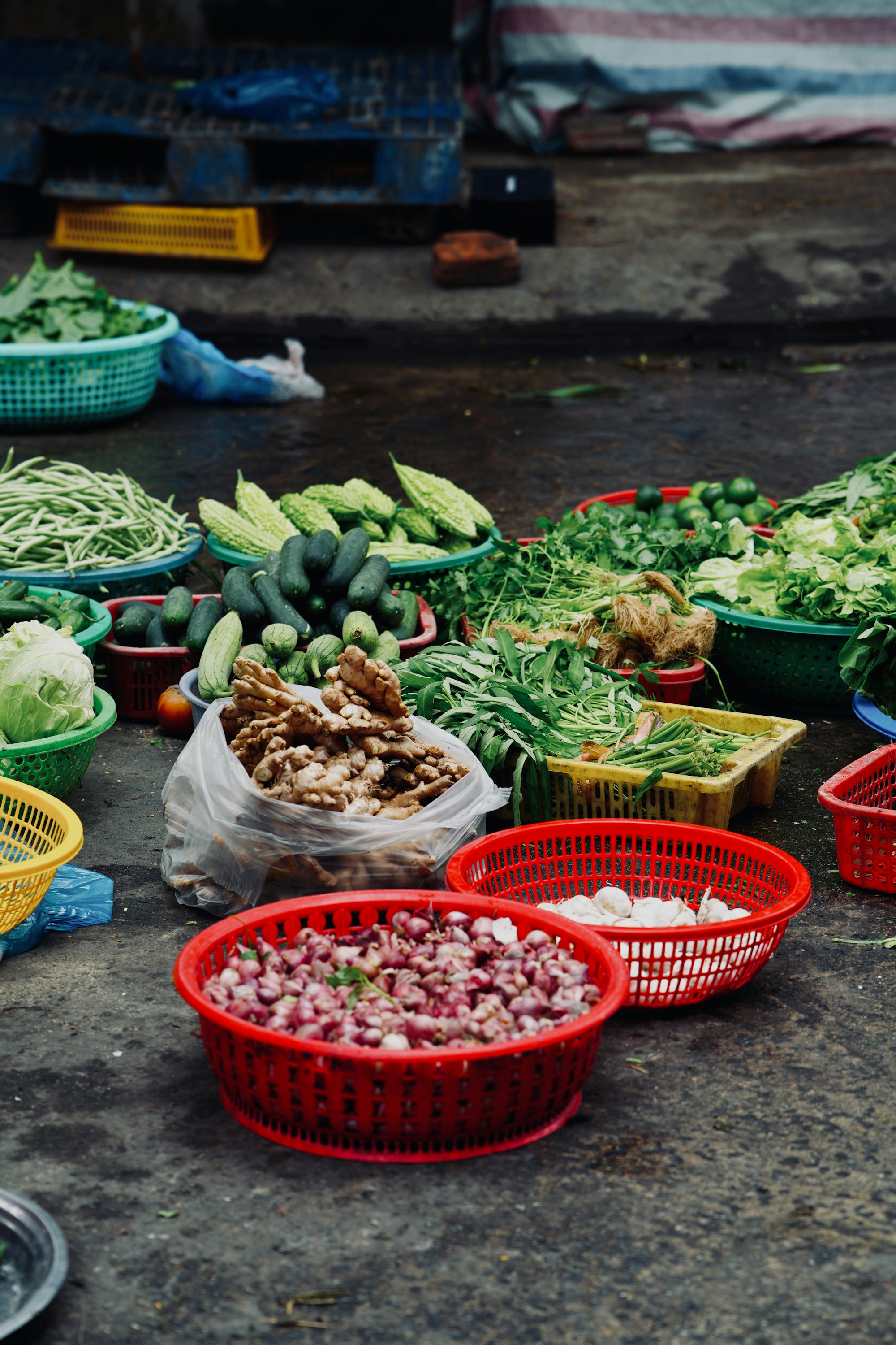 Fresh vegetables displayed at a produce market
