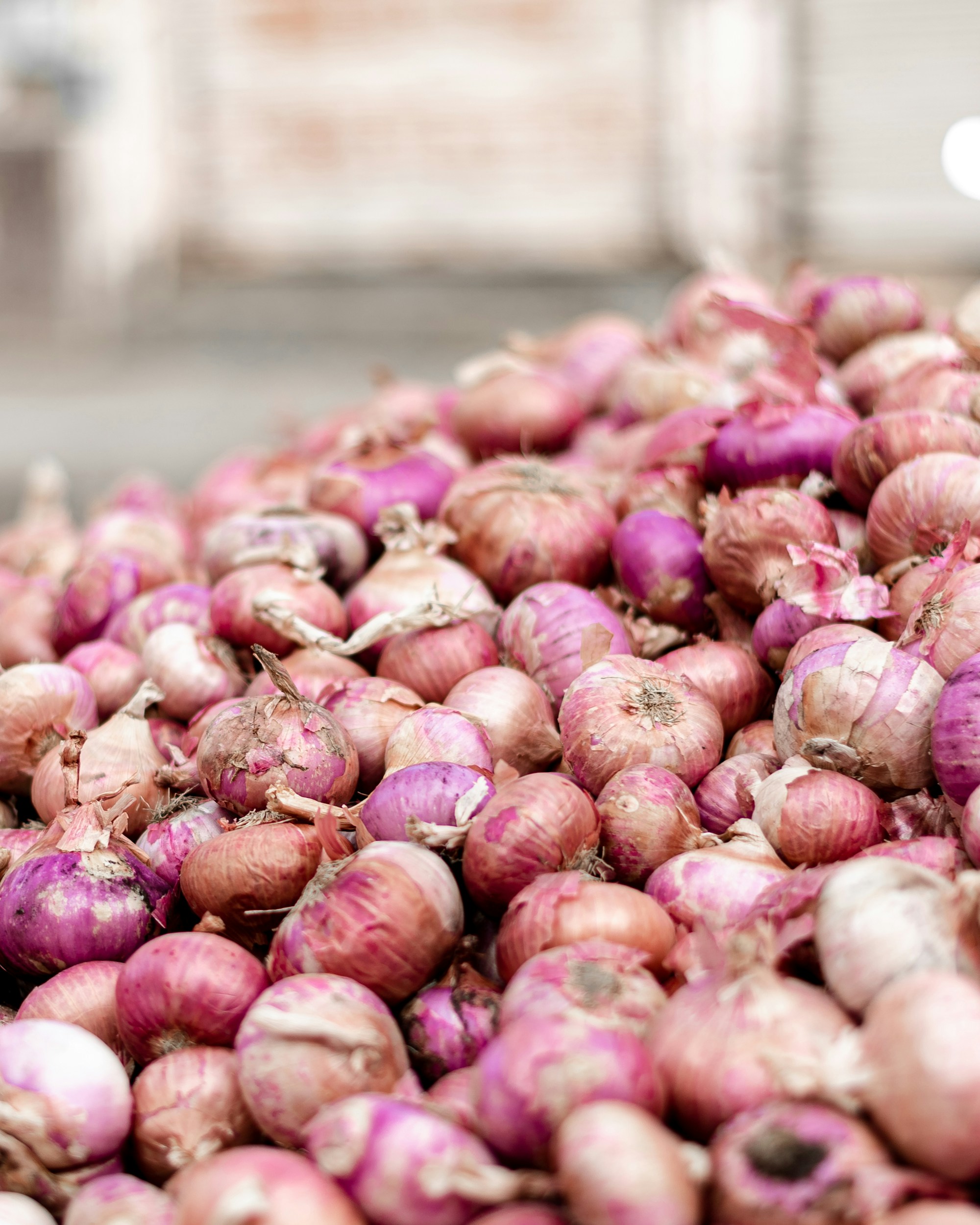 Fresh red onions arranged for produce supply